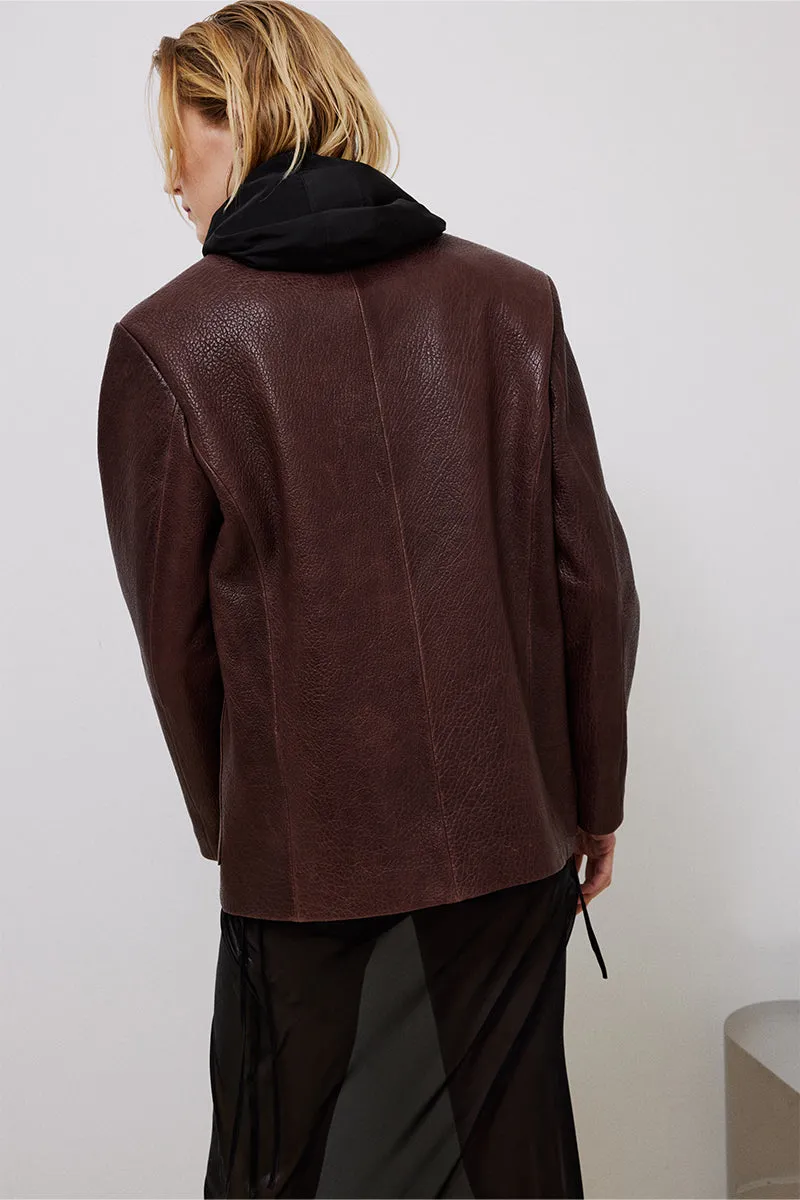 BROWN LEATHER MID-OVERSIZED JACKET